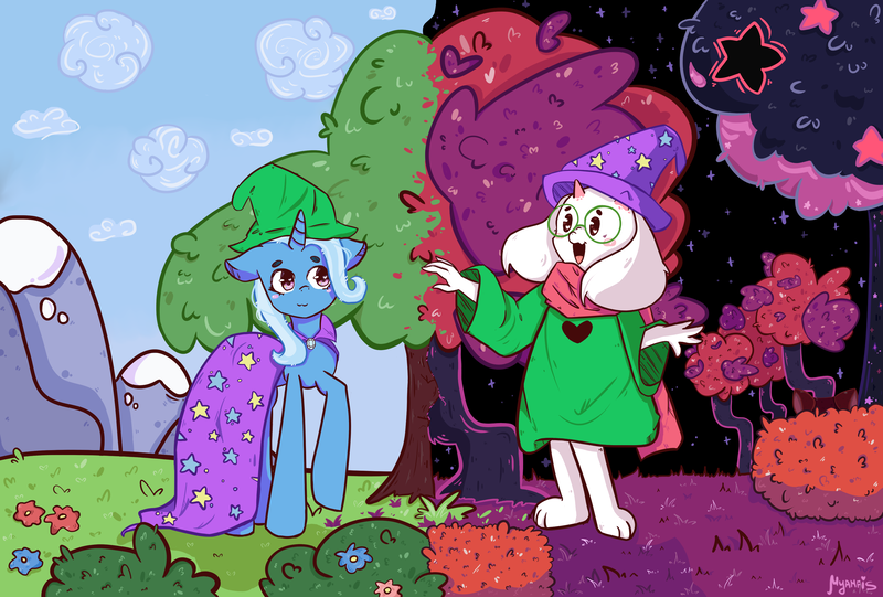 Size: 3400x2300 | Tagged: safe, artist:myamfis, derpibooru import, trixie, pony, unicorn, clothes, crossover, deltarune, duo, hat, image, png, ralsei, trixie's hat