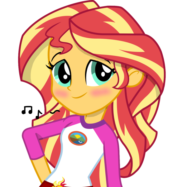 Size: 1105x1105 | Tagged: safe, artist:sunsetshimmerus, derpibooru import, sunset shimmer, human, equestria girls, blushing, camp everfree outfits, female, g4, humming, image, lidded eyes, music notes, png, simple background, smiling, solo, transparent background