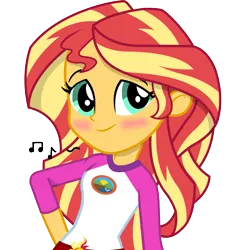 Size: 1105x1105 | Tagged: safe, artist:sunsetshimmerus, derpibooru import, sunset shimmer, human, equestria girls, blushing, camp everfree outfits, female, g4, humming, image, lidded eyes, music notes, png, simple background, smiling, solo, transparent background