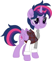 Size: 1360x1600 | Tagged: safe, artist:cloudy glow, derpibooru import, twilight sparkle, twilight sparkle (alicorn), alicorn, pony, clothes, doctor who, g4, image, necktie, plaid, png, simple background, smiling, solo, the doctor, transparent background