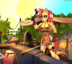 Size: 4166x3699 | Tagged: suggestive, artist:cali luminos, derpibooru import, oc, oc:weld, anthro, blacksmith, commission, forge, image, jpeg, muscles, sword, weapon, woman, work, your character here