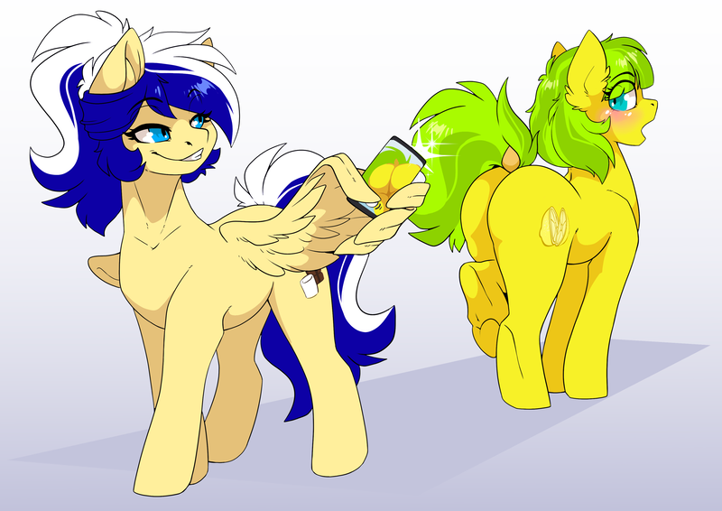 Size: 3508x2480 | Tagged: safe, artist:arctic-fox, derpibooru import, oc, oc:animatedpony, oc:lemon drop, unofficial characters only, earth pony, pegasus, pony, blushing, butt, collarbone, dock, female, image, mobile phone, phone, png, smartphone, surprised, tail, wing hold, wings