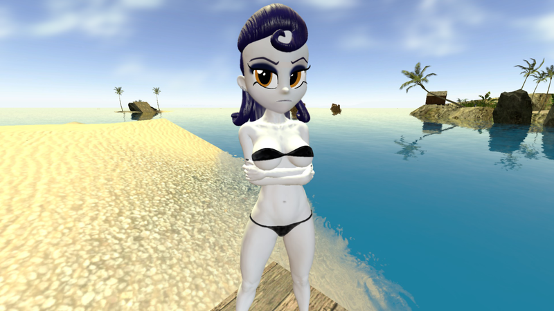 Size: 1920x1080 | Tagged: suggestive, artist:oatmeal!, derpibooru import, moonlight raven, human, equestria girls, 3d, beach, belly button, bikini, breasts, clothes, crossed arms, g4, gmod, humanized, image, looking at you, micro bikini, ocean, palm tree, png, sexy, solo, spread legs, spreading, swimsuit, tree, tropical, water