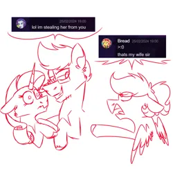 Size: 900x900 | Tagged: safe, artist:fuckomcfuck, derpibooru import, rarity, oc, oc:doodles, oc:joystick, earth pony, pegasus, pony, unicorn, discord (program), glasses, image, png, speech bubble