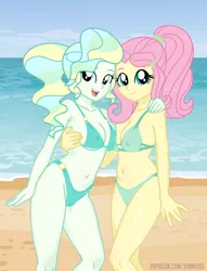 Size: 842x1100 | Tagged: suggestive, alternate version, artist:jennieoo, derpibooru import, part of a set, fluttershy, vapor trail, equestria girls, advertisement, beach, bikini, bikini bottom, bikini top, clothes, g4, gumroad, hug, image, looking at you, nipples, nudity, patreon, patreon preview, patreon reward, png, show accurate, smiling, smiling at you, swimsuit, vector
