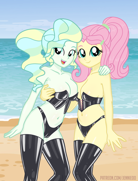 Size: 842x1100 | Tagged: questionable, alternate version, artist:jennieoo, derpibooru import, part of a set, fluttershy, vapor trail, equestria girls, advertisement, breasts, clothes, corset, g4, gumroad, hug, image, latex, latex boots, latex corset, latex panties, latex socks, latex suit, looking at you, panties, patreon, patreon preview, patreon reward, png, sexy, show accurate, show accurate porn, smiling, smiling at you, socks, stockings, stupid sexy fluttershy, thigh highs, underwear