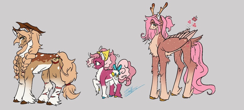 Size: 1556x702 | Tagged: safe, artist:arcticsaiyan, derpibooru import, applejack, fluttershy, pinkie pie, deer, pony, alternate design, applejack's hat, bow, braid, coat markings, cowboy hat, curly mane, flutterdeer, hat, image, jpeg, redesign, sharkface, simple background, smol, socks (coat marking), twitterina design