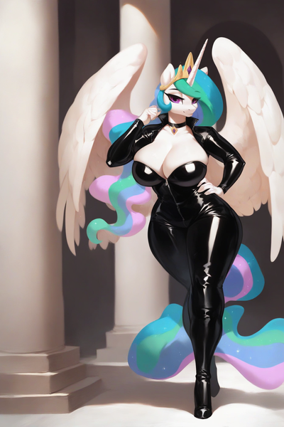 Size: 1440x2160 | Tagged: suggestive, ai content, derpibooru import, machine learning generated, stable diffusion, princess celestia, alicorn, anthro, plantigrade anthro, big breasts, bodysuit, boots, breasts, busty princess celestia, catsuit, cleavage, clothes, derpibooru exclusive, dominatrix, female, g4, generator:pony diffusion v6 xl, high heel boots, high heels, image, latex, latex suit, png, prompter:inky heart, rubber, shoes, solo, solo female, thick, thighs, thunder thighs