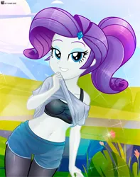 Size: 782x990 | Tagged: suggestive, artist:charliexe, derpibooru import, rarity, human, equestria girls, age difference, alternate hairstyle, beautiful, beautiful eyes, beautiful hair, beautisexy, belly button, bestiality, black sports bra, blue diamond, blue eyes, blue eyeshadow, body odor, bra, breasts, busty rarity, clothes, curvy, cute, cutie mark hair accessory, cutie mark hairpin, darling, diamond, diamond hairpin, eyeshadow, female, fetish, field, g4, girly, good girl, good girl rarity, grin, hair, hair accessory, hairpin, hairstyle, happy, healthy, holding, hot, human coloration, humanized, hygiene, image, interspecies, jogging, jpeg, leggings, lifting shirt, lips, looking at you, makeup, midriff, open clothes, open shirt, open smile, ponytail, purple hair, purple hair is sexy, raribetes, reasonable breast physics, reasonably shaped breasts, reasonably sized breasts, sexy, shirt, short pants, shorts, smiling, smiling at you, solo, solo female, sports, sports bra, sports outfit, sports shorts, sporty girls, sporty rarity, sporty style, standing, stupid sexy rarity, t-shirt, teenage girls, teenage rarity, teenager, teeth, underwear, white skin, whited teeth, workout, workout outfit