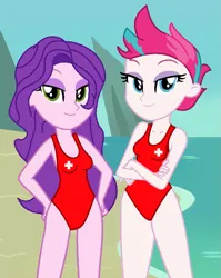 Size: 755x949 | Tagged: safe, artist:robertsonskywa1, derpibooru import, pipp petals, zipp storm, equestria girls, g5, baywatch, beach, clothes, equestria girls-ified, female, females only, g4, g5 to equestria girls, g5 to g4, generation leap, hand on hip, image, lifeguard, one-piece swimsuit, photo, png, red cross, royal sisters (g5), siblings, sisters, swimsuit