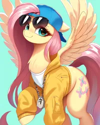 Size: 4096x5120 | Tagged: safe, ai content, derpibooru import, machine learning generated, stable diffusion, fluttershy, pegasus, pony, backwards ballcap, baseball cap, blue background, cap, chains, chest fluff, cute, female, generator:pony diffusion v6 xl, generator:purplesmart.ai, green eyes, hat, image, long tail, looking at you, mare, pink mane, png, prompter:lerkyboy, shyabetes, simple background, smug, solo, solo female, spread wings, standing, sunglasses, tail, thug, thug life, wings, yellow coat