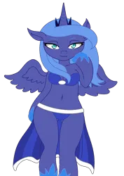 Size: 912x1286 | Tagged: suggestive, artist:rain-approves, derpibooru import, princess luna, alicorn, anthro, arm hooves, bedroom eyes, belly button, breasts, cleavage, clothes, eyebrows, female, image, jewelry, looking at you, panties, png, regalia, s1 luna, shoes, simple background, solo, spread wings, sultry, sultry pose, tiara, transparent background, underwear, wings