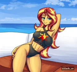 Size: 1600x1500 | Tagged: suggestive, artist:zachc, derpibooru import, sunset shimmer, equestria girls, arm behind head, belly button, clothes, female, g4, hand on hip, image, png, smiling, solo, swimsuit