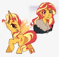 Size: 2204x2102 | Tagged: safe, artist:syrupyyy, derpibooru import, sunset shimmer, human, pony, unicorn, equestria girls, butt, clothes, duality, duo, duo female, female, fire, frown, g4, high res, horn, image, jacket, looking back, mare, narrowed eyes, plot, png, raised hoof, simple background, solo, unamused, white background