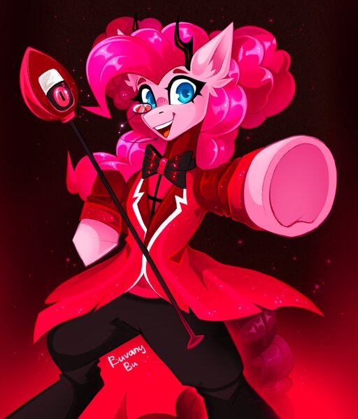 Size: 2134x2500 | Tagged: safe, artist:buvanybu, derpibooru import, pinkie pie, demon, demon pony, original species, pony, alastor, bipedal, clothes, demon horns, ear fluff, female, glasses, hazbin hotel, horns, image, jpeg, mare, pointing, scepter, solo, underhoof