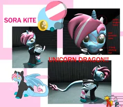 Size: 2545x2210 | Tagged: safe, derpibooru import, oc, oc:sora kite, dracony, dragon, hybrid, pony, unicorn, pony town, 3d, clothes, emo, fangs, female, gmod, hoodie, horns, image, png, reference sheet, scar, screenshots, size comparison, smol, socks, solo, wings