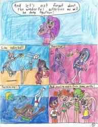 Size: 600x776 | Tagged: safe, artist:quinstiff, ponerpics import, cheerilee, scootaloo, starlight glimmer, twilight sparkle, comic:the mystery of sleeping gas island: chapter 1, arthur, bikini, blue bikini, blue swimsuit, catherine frensky, clothes, cosmo the seedrian, cream the rabbit, dancing, green bikini, green swimsuit, image, jpeg, li moon, purple bikini, purple swimsuit, red bikini, red bikini bottom, red swimsuit, sonic the hedgehog (series), sports, sue ellen armstrong, swimming, swimsuit, thea stilton, volleyball, white bikini, white swimsuit