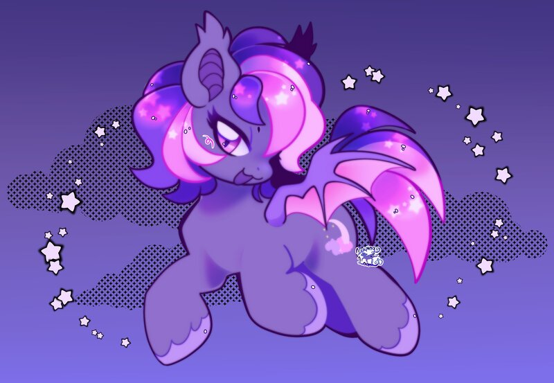 Size: 2652x1833 | Tagged: safe, artist:leapinglambs, derpibooru import, oc, unofficial characters only, bat pony, pony, :3, bat pony oc, bat wings, blush sticker, blushing, chibi, cloud, colored hooves, colored pinnae, colored wings, colored wingtips, commission, ear tufts, ethereal mane, image, jpeg, lidded eyes, multicolored mane, multicolored tail, open mouth, open smile, pink eyes, purple background, purple coat, purple mane, purple tail, signature, simple background, smiling, solo, starry mane, starry tail, stars, tail, two toned wings, unshorn fetlocks, wingding eyes, wings