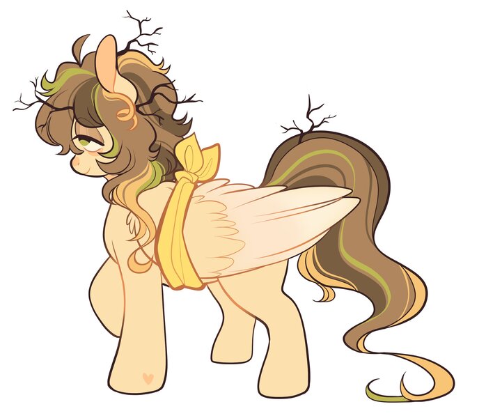 Size: 2678x2301 | Tagged: safe, artist:leapinglambs, derpibooru import, oc, oc:drowsy skies, unofficial characters only, pegasus, bags under eyes, bandage, bandaged wing, brown mane, brown tail, colored pinnae, colored wings, colored wingtips, eye clipping through hair, eyelashes, folded wings, green eyes, heart, heart mark, image, jpeg, large wings, lidded eyes, long tail, messy mane, multicolored mane, multicolored tail, pegasus oc, ponysona, profile, raised hoof, simple background, smiling, solo, standing, stick in tail, tail, twigs in hair, two toned wings, white background, wing fluff, wings, yellow coat