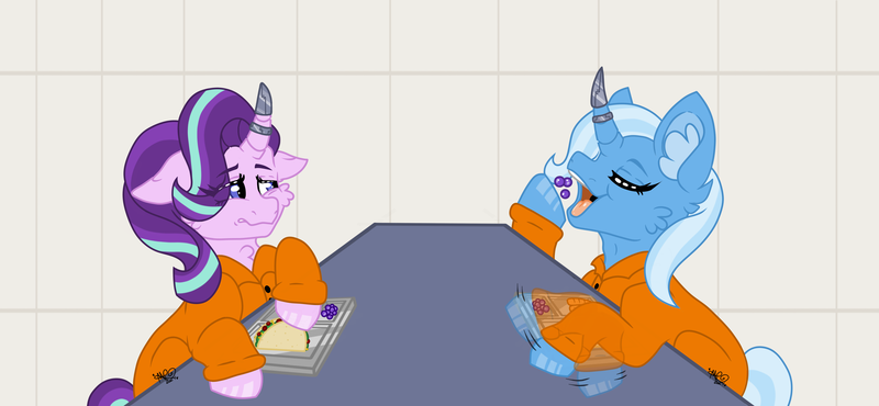Size: 4000x1851 | Tagged: safe, artist:honeyofpeaches, derpibooru import, starlight glimmer, trixie, clothes, commissioner:rainbowdash69, eating, food, grapes, image, jail, never doubt rainbowdash69's involvement, png, prison, prison outfit, prisoner, prisoner sg, prisoner tx, taco, tray