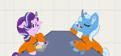 Size: 4000x1851 | Tagged: safe, artist:honeyofpeaches, derpibooru import, starlight glimmer, trixie, clothes, commissioner:rainbowdash69, eating, food, grapes, image, jail, never doubt rainbowdash69's involvement, png, prison, prison outfit, prisoner, prisoner sg, prisoner tx, taco, tray