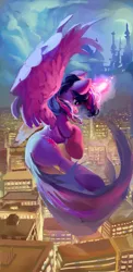 Size: 705x1450 | Tagged: safe, artist:vondsketch, derpibooru import, twilight sparkle, twilight sparkle (alicorn), alicorn, pony, canterlot, city, cloud, female, flying, image, magic, magic aura, mare, moon, png, silhouette, spread wings, wings