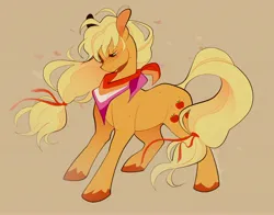 Size: 4096x3204 | Tagged: safe, artist:leapinglambs, derpibooru import, applejack, earth pony, pony, bandana, beige background, blonde mane, blonde tail, body freckles, colored eyebrows, colored hooves, colored pinnae, eyebrows, eyebrows visible through hair, female, freckles, g4, green eyes, headcanon, image, jpeg, lesbian pride flag, lgbt headcanon, lidded eyes, looking down, mare, messy mane, orange coat, ponytail, pride, pride flag, ribbon, sexuality headcanon, simple background, smiling, solo, standing, tail, tied tail, unshorn fetlocks, wind, windswept mane, windswept tail, yellow mane, yellow tail