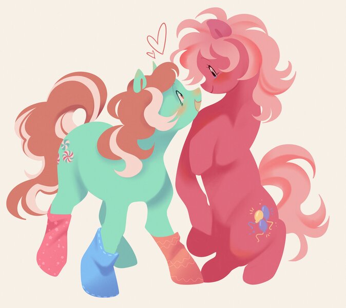Size: 4096x3646 | Tagged: safe, artist:leapinglambs, derpibooru import, minty, pinkie pie (g3), pony, g3, blushing, boop, clothes, curly mane, curly tail, duo, duo female, female, green coat, heart, image, jpeg, lesbian, lineless, looking at each other, looking at someone, mare, messy mane, messy tail, mismatched socks, nose blush, noseboop, open mouth, open smile, pink coat, pink eyes, pink mane, rearing, ship:mintypie, shipping, simple background, smiling, smiling at each other, socks, standing, standing on two hooves, tail, two toned coat, two toned mane, white background