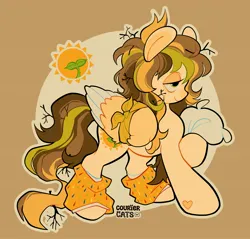 Size: 3754x3584 | Tagged: safe, artist:leapinglambs, derpibooru import, oc, oc:drowzy skies, unofficial characters only, pegasus, pony, bags under eyes, bandage, bandaged wing, big ears, black sclera, brown background, brown mane, brown tail, circle background, clothes, colored nose, colored pinnae, colored wings, colored wingtips, folded wings, holding pillow, hoof heart, hoof hold, image, jpeg, large wings, leg warmers, lidded eyes, long tail, messy mane, multicolored mane, multicolored tail, outline, pegasus oc, pillow, ponysona, profile, signature, simple background, smiling, solo, standing, stick in tail, tail, tired eyes, twigs in mane, two toned wings, underhoof, wings