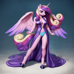 Size: 2048x2048 | Tagged: suggestive, ai content, derpibooru import, machine learning generated, prompter:snowyanon, stable diffusion, princess cadance, alicorn, anthro, unguligrade anthro, breasts, cleavage, clothes, dress, g4, generator:pony diffusion v6 xl, gradient background, high res, hoof shoes, image, jpeg, open mouth, open smile, panties, smiling, underwear