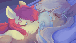 Size: 1150x647 | Tagged: safe, artist:urbanqhoul, derpibooru import, apple bloom, applejack, earth pony, pony, fanfic:an apple sleep experiment, animated, apple sisters, crying, duo, duo female, eyes closed, female, filly, foal, gif, image, loop, mare, missing accessory, oxygen mask, siblings, sisters