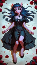 Size: 768x1344 | Tagged: safe, ai content, derpibooru import, machine learning generated, prompter:kopaleo, stable diffusion, oc, oc:cosmia nebula, anthro, black dress, choker, clothes, dress, flower, funeral, generator:pony diffusion v6 xl, goth, gothic, image, png, prompt in description, rose, solo