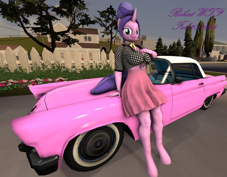 Size: 908x707 | Tagged: safe, artist:robertwtf, derpibooru import, cookie crumbles, anthro, unicorn, 3d, big breasts, breasts, female, hand on chest, image, looking at you, nexgen, png, solo, solo female, source filmmaker, vehicle