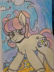 Size: 3468x4624 | Tagged: safe, derpibooru import, oc, earth pony, pony, colored pencil drawing, cutie mark, fetlock tuft, image, jpeg, pencil drawing, pigtails, solo, surfing, traditional art