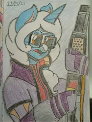 Size: 3468x4624 | Tagged: safe, derpibooru import, oc, pony, unicorn, friendship is magic, clothes, colored pencil drawing, facial markings, female, g4, glasses, gun, image, jpeg, shotgun, solo, solo female, traditional art, weapon