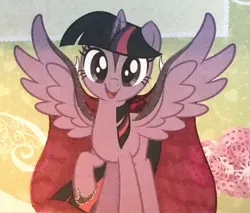 Size: 1845x1571 | Tagged: safe, artist:midnightmoon1986, derpibooru import, edit, twilight sparkle, twilight sparkle (alicorn), alicorn, pony, female, g4, horn, image, jpeg, looking at you, magazine, magazine scan, mare, open mouth, open smile, raised hoof, smiling, spread wings, wings