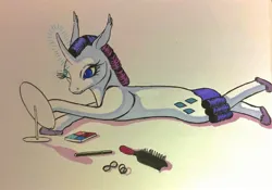 Size: 2171x1522 | Tagged: safe, artist:midnightmoon1986, derpibooru import, rarity, pony, unicorn, applying makeup, clothes, comb, eyeshadow, female, g4, getting ready, horn, image, jpeg, lying down, makeup, mare, mirror, one eye closed, prone, raised leg, slippers, solo, traditional art