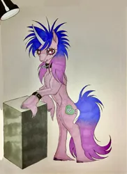 Size: 1551x2133 | Tagged: safe, artist:midnightmoon1986, derpibooru import, izzy moonbow, pony, unicorn, g5, alternate hairstyle, belt, belt buckle, bipedal, bipedal leaning, choker, cloven hooves, colored, emo, female, horn, image, jpeg, leaning, looking at you, mare, modeling, solo, spiked choker, spotlight, tail, traditional art, unshorn fetlocks