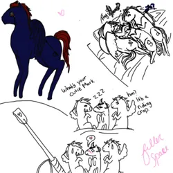 Size: 500x500 | Tagged: suggestive, artist:badmilkdog, derpibooru import, oc, oc:comrade colt, unofficial characters only, pegasus, unicorn, bed, cutie mark, heart, image, jpeg, monocle, polyamory, riding crop