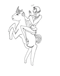 Size: 875x1100 | Tagged: safe, artist:badmilkdog, derpibooru import, oc, oc:comrade colt, unofficial characters only, human, pony, unicorn, image, jpeg, monochrome, riding, riding a pony, sketch