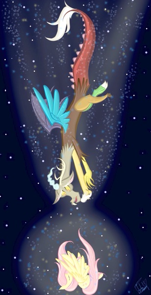 Size: 1538x2997 | Tagged: safe, artist:aquaangel1010, derpibooru import, discord, fluttershy, draconequus, pegasus, pony, discoshy, falling, female, high res, image, jpeg, male, mare, shipping, space, straight