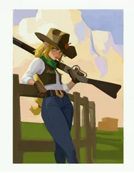 Size: 5844x7530 | Tagged: safe, artist:hyung7754, derpibooru import, applejack, human, equestria girls, absurd resolution, belt, belt buckle, clothes, cloud, cowboy hat, cowboy outfit, cowboy vest, denim, female, fence, freckles, g4, gloves, green eyes, gun, hat, hay, hay bale, image, jeans, jpeg, lever action rifle, pants, scarf, solo, solo female, straw in mouth, sunset, weapon
