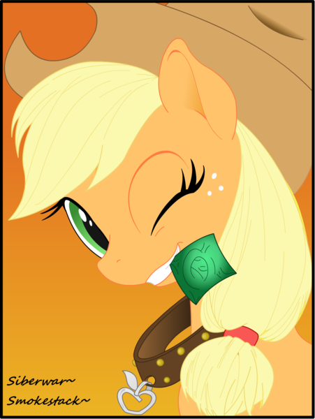 Size: 1196x1591 | Tagged: suggestive, artist:siberwar, derpibooru import, applejack, earth pony, collar, condom, condom in mouth, g4, gradient background, hat, image, mouth hold, one eye closed, png, wink
