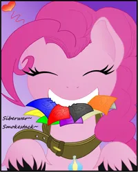Size: 1221x1524 | Tagged: suggestive, artist:siberwar, derpibooru import, pinkie pie, earth pony, collar, condom, condom in mouth, condoms, eyes closed, g4, gradient background, grin, heart, image, mouth hold, pinkamena diane pie, png, smiling