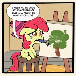 Size: 1231x1231 | Tagged: safe, artist:anonymous, apple bloom, pony, /mlp/, 4chan, crying, drawthread, easel, female, filly, floppy ears, image, jpeg, meme, mouth hold, paintbrush, painting, passepartout, ponified meme, sitting, solo, stool