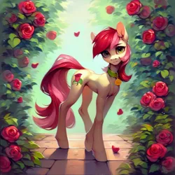 Size: 1024x1024 | Tagged: safe, ai content, derpibooru import, machine learning generated, prompter:doom9454, stable diffusion, roseluck, pony, collar, cute, flower, generator:pony diffusion v6 xl, image, looking at you, pet tag, png, pony pet, rose, rosepet, standing