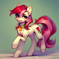 Size: 1024x1024 | Tagged: safe, ai content, derpibooru import, machine learning generated, prompter:doom9454, stable diffusion, roseluck, pony, collar, cute, generator:pony diffusion v6 xl, image, looking at you, pet tag, png, pony pet, rosepet, walking