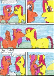 Size: 1293x1800 | Tagged: safe, artist:arccahlon, derpibooru import, apple bloom, scootaloo, earth pony, pegasus, pony, alternate hairstyle, braid, comic, female, image, intertwined tails, jpeg, kissing, lesbian, ship:scootabloom, shipping, tail, traditional art