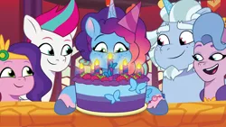 Size: 2400x1350 | Tagged: safe, artist:prixy05, derpibooru import, pipp petals, queen haven, zipp storm, pegasus, pony, unicorn, g5, my little pony: tell your tale, alphabittle blossomforth, birthday cake, cake, candle, female, food, hat, i can't believe it's not hasbro studios, image, male, mare, misty brightdawn, party hat, png, rebirth misty, royal sisters (g5), siblings, sisters, stallion