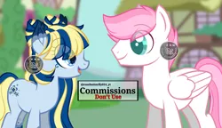 Size: 2000x1154 | Tagged: safe, artist:rosebutterfly014, derpibooru import, oc, earth pony, pegasus, pony, base used, commission, fake screencap, fake screenshot, female, g4, image, male, mare, palette swap, png, recolor, stallion, standing, talking, watermark